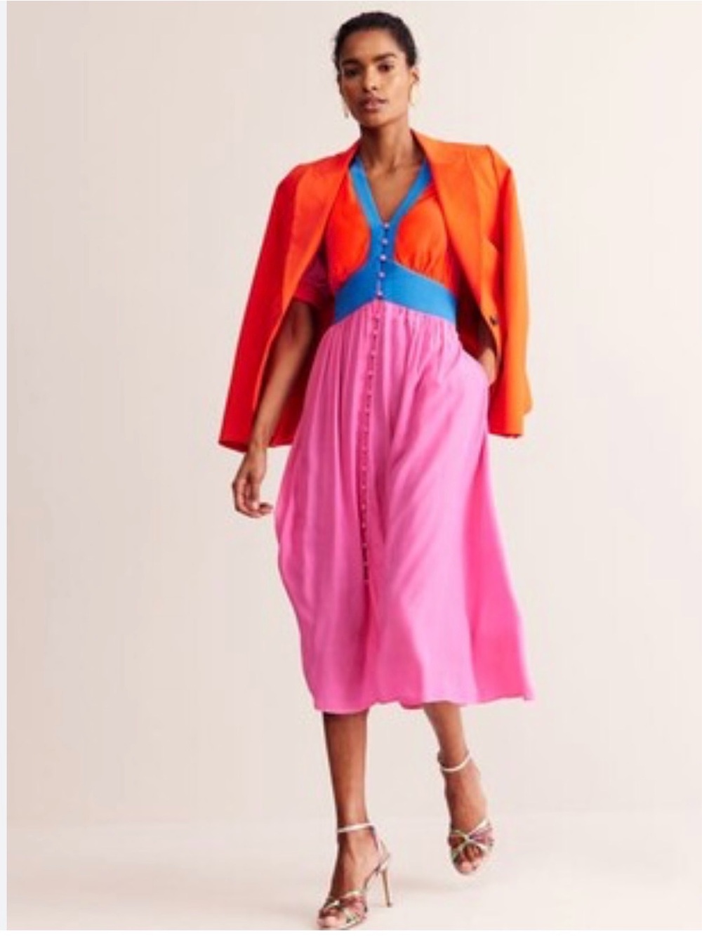 Boden Colorblock V-Neck Midi Dress in Pink, Orange & Blue